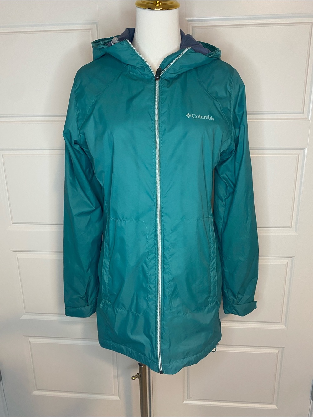 Columbia Switchback Lined Long Rain Jacket Medium Teal Fleece Hooded WL0126